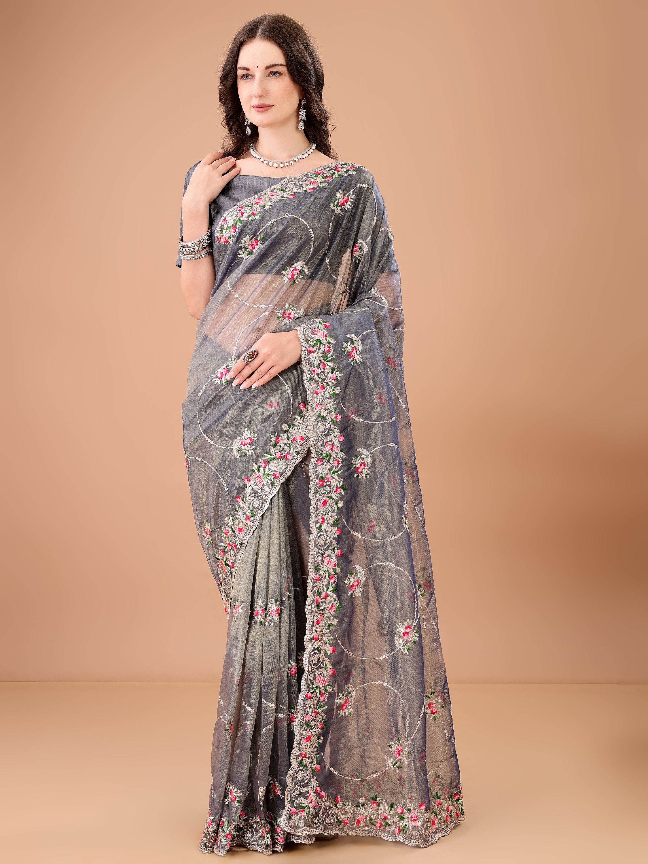 Floral Embroidered Twill Net Saree