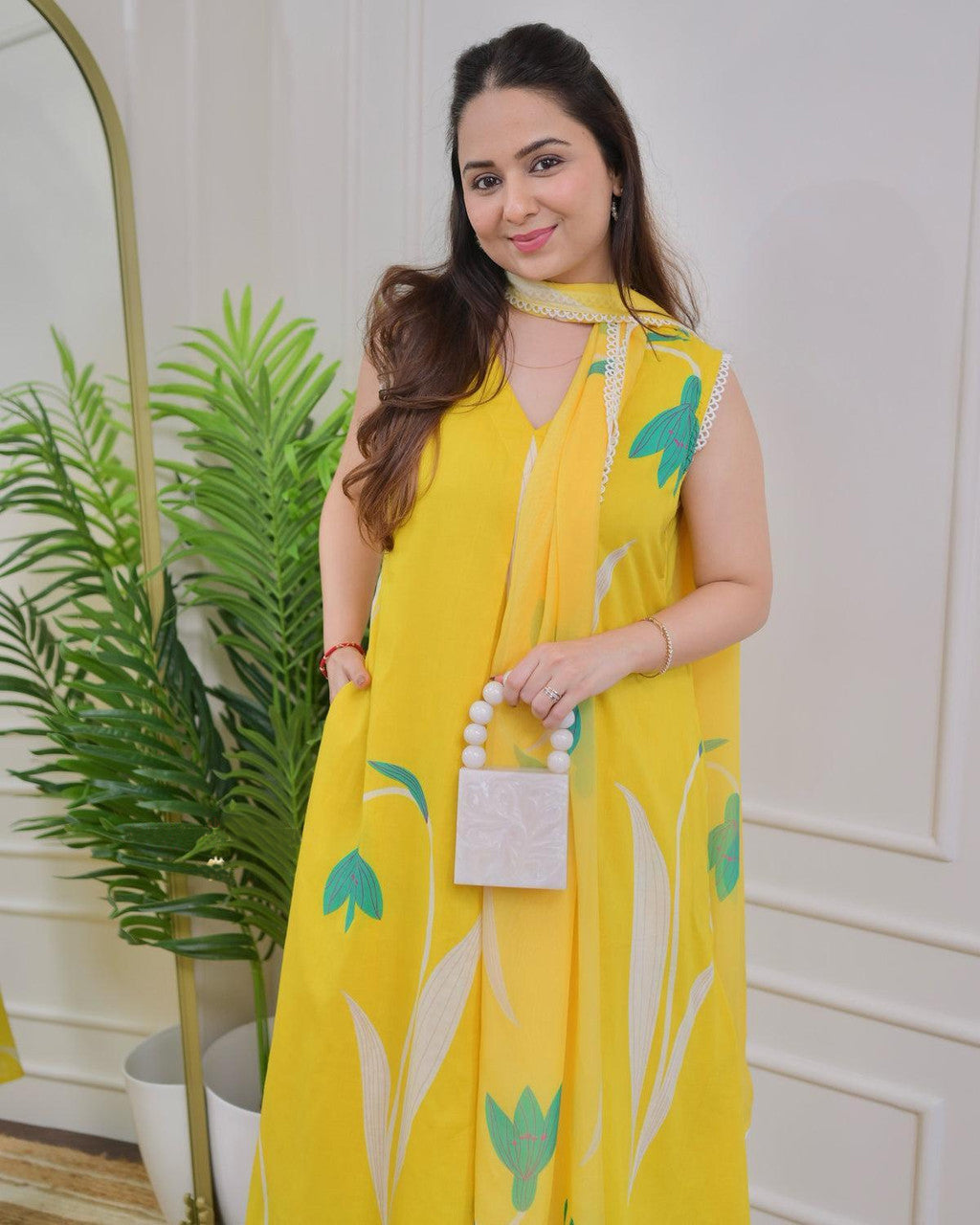 Yellow Printed Kurta with Trousers and Dupatta