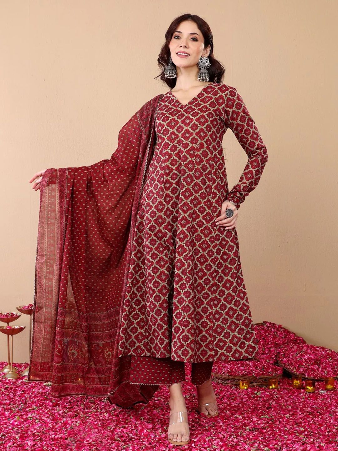 Maroon Printed Kurta with Trousers with Dupatta
