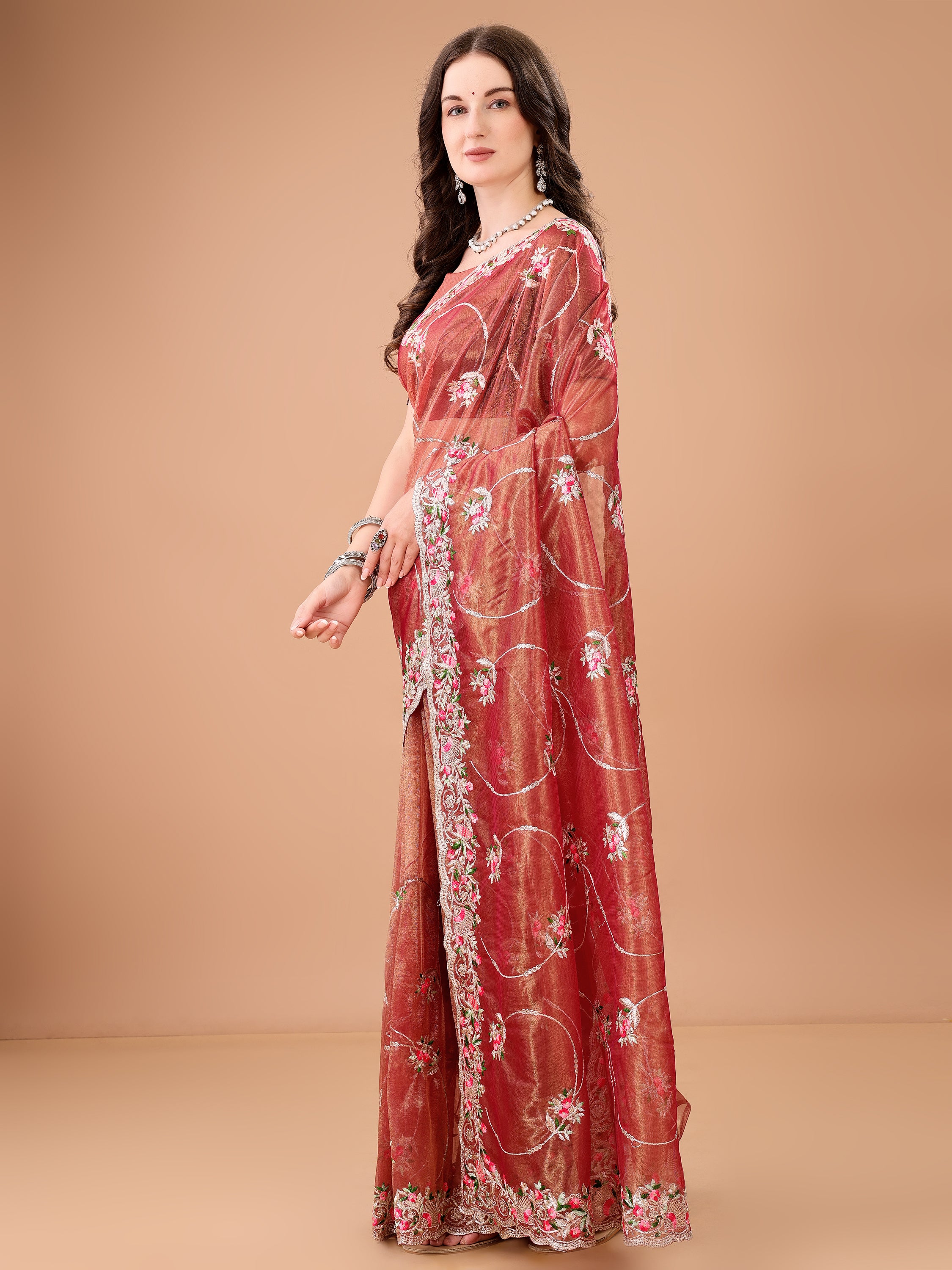 Floral Embroidered Twill Net Saree