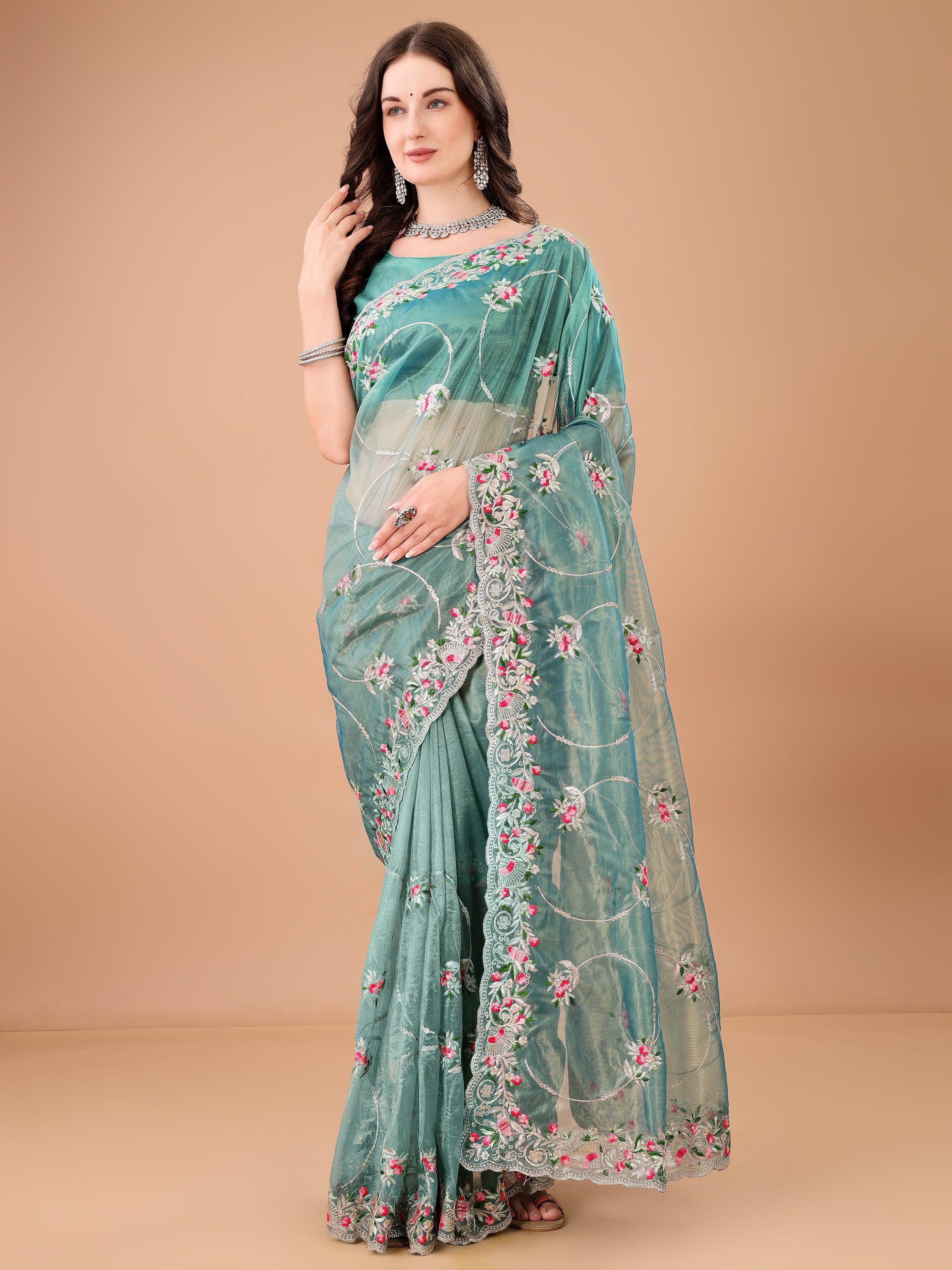 Floral Embroidered Twill Net Saree