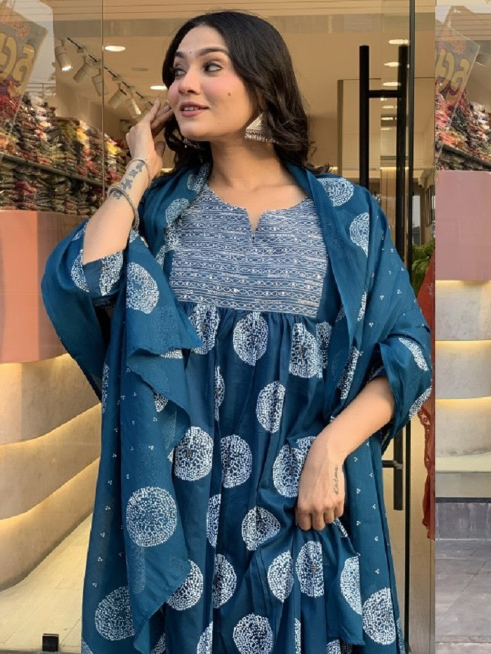Blue Printed Kurta with Trousers and Dupatta