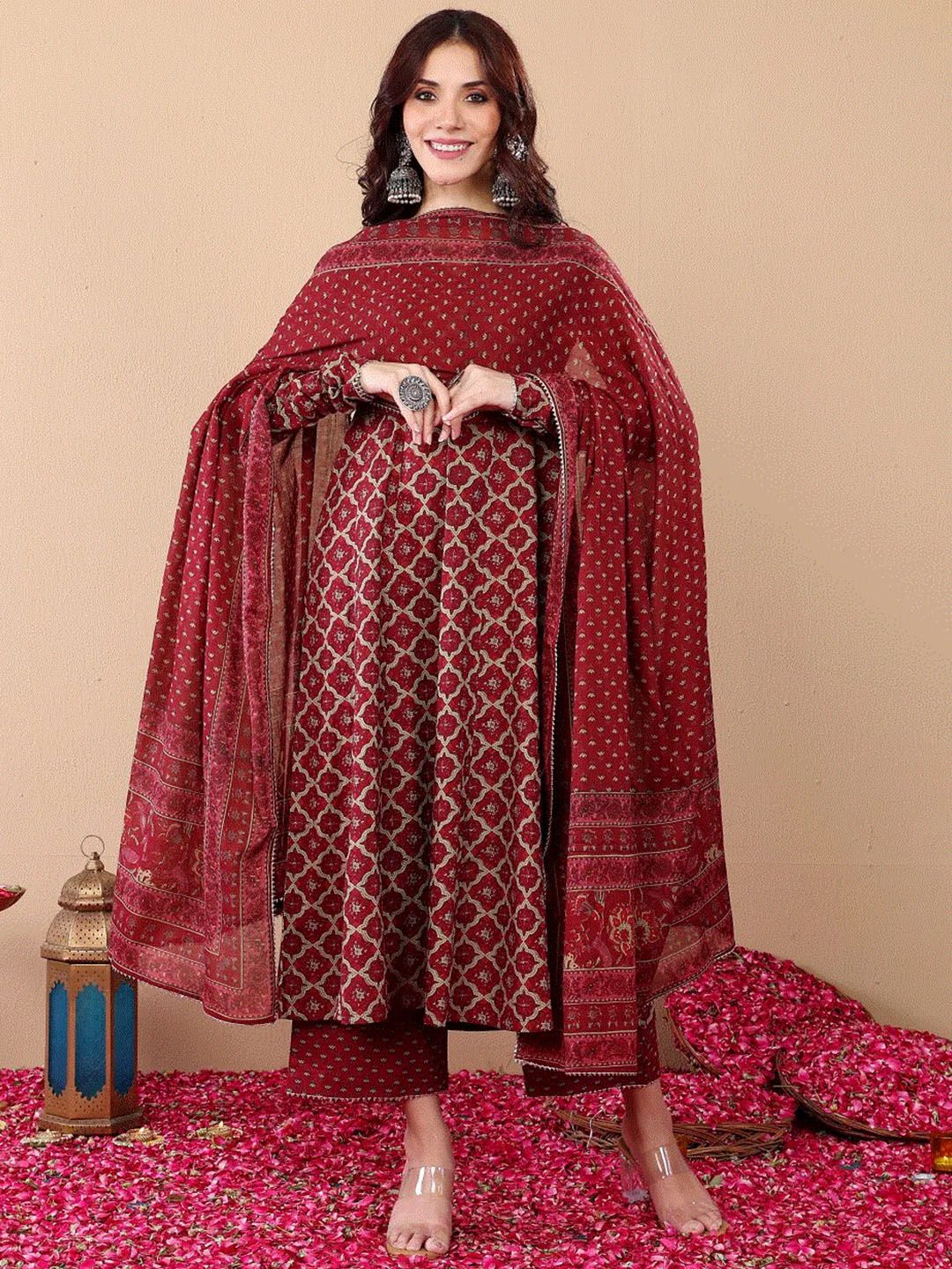 Maroon Printed Kurta with Trousers with Dupatta
