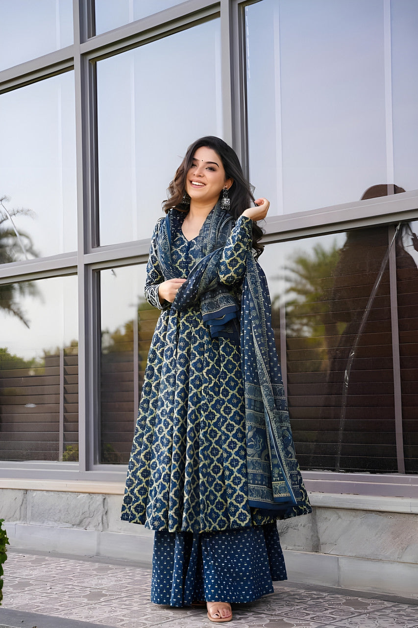Navy Blue Printed Kurta with Palazzos with Dupatta