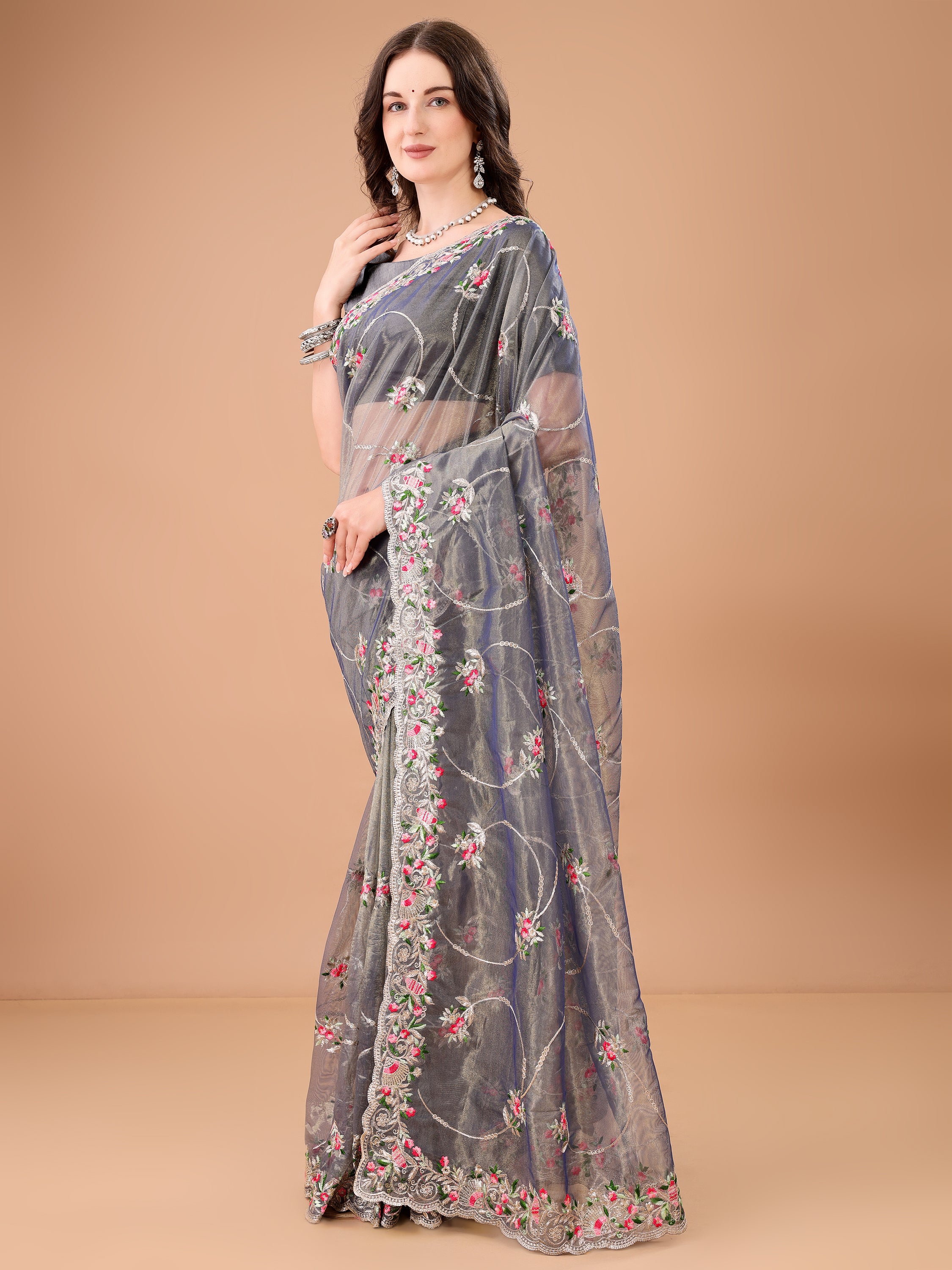 Floral Embroidered Twill Net Saree