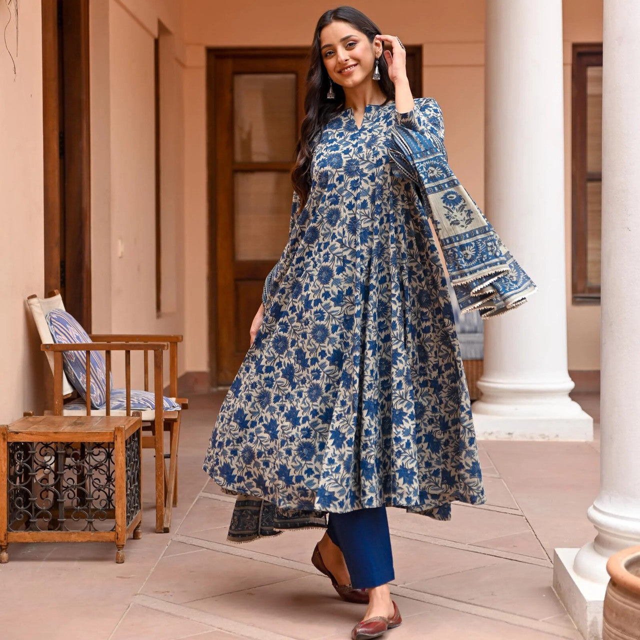 Blue Printed Kurta with Trousers and Dupatta