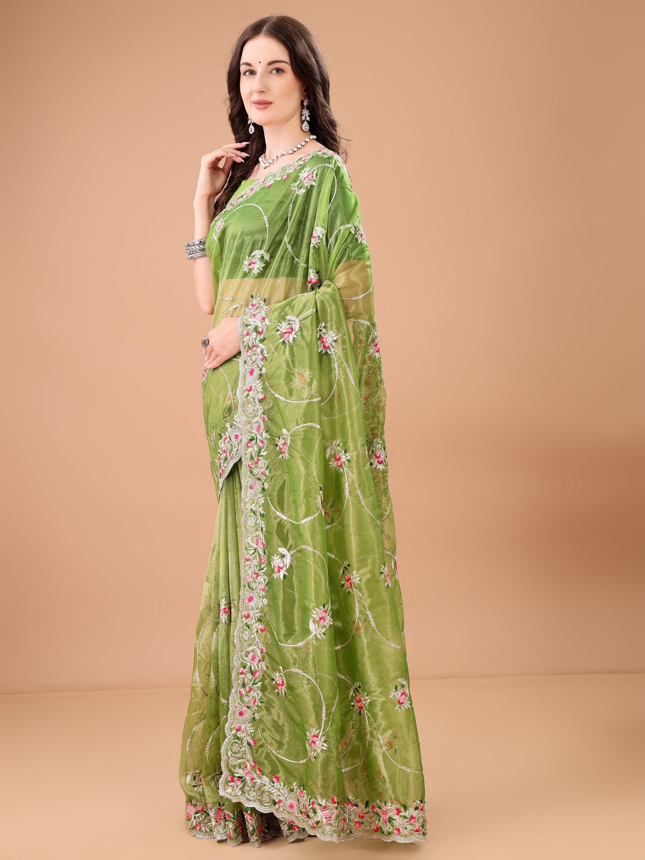Floral Embroidered Twill Net Saree