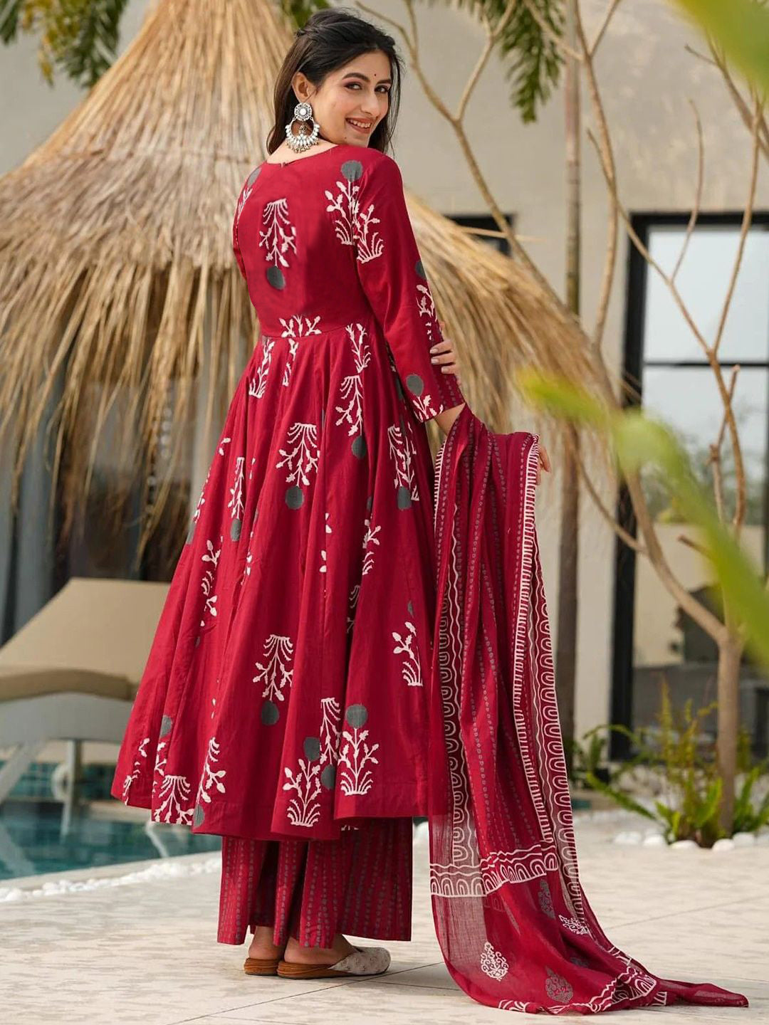 Maroon Printed Kurta with Palazzos with Dupatta