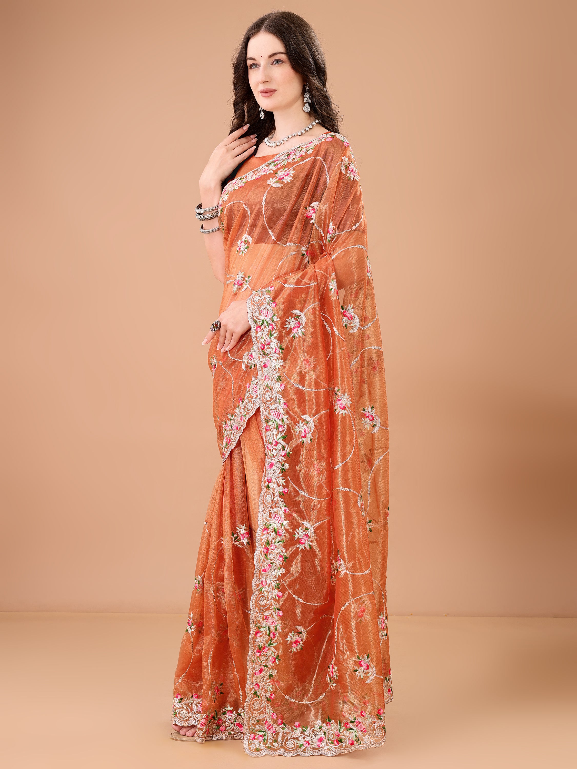 Floral Embroidered Twill Net Saree