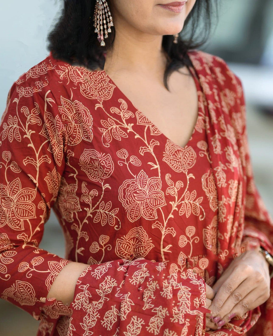 Red Printed Kurta with Trousers with Dupatta