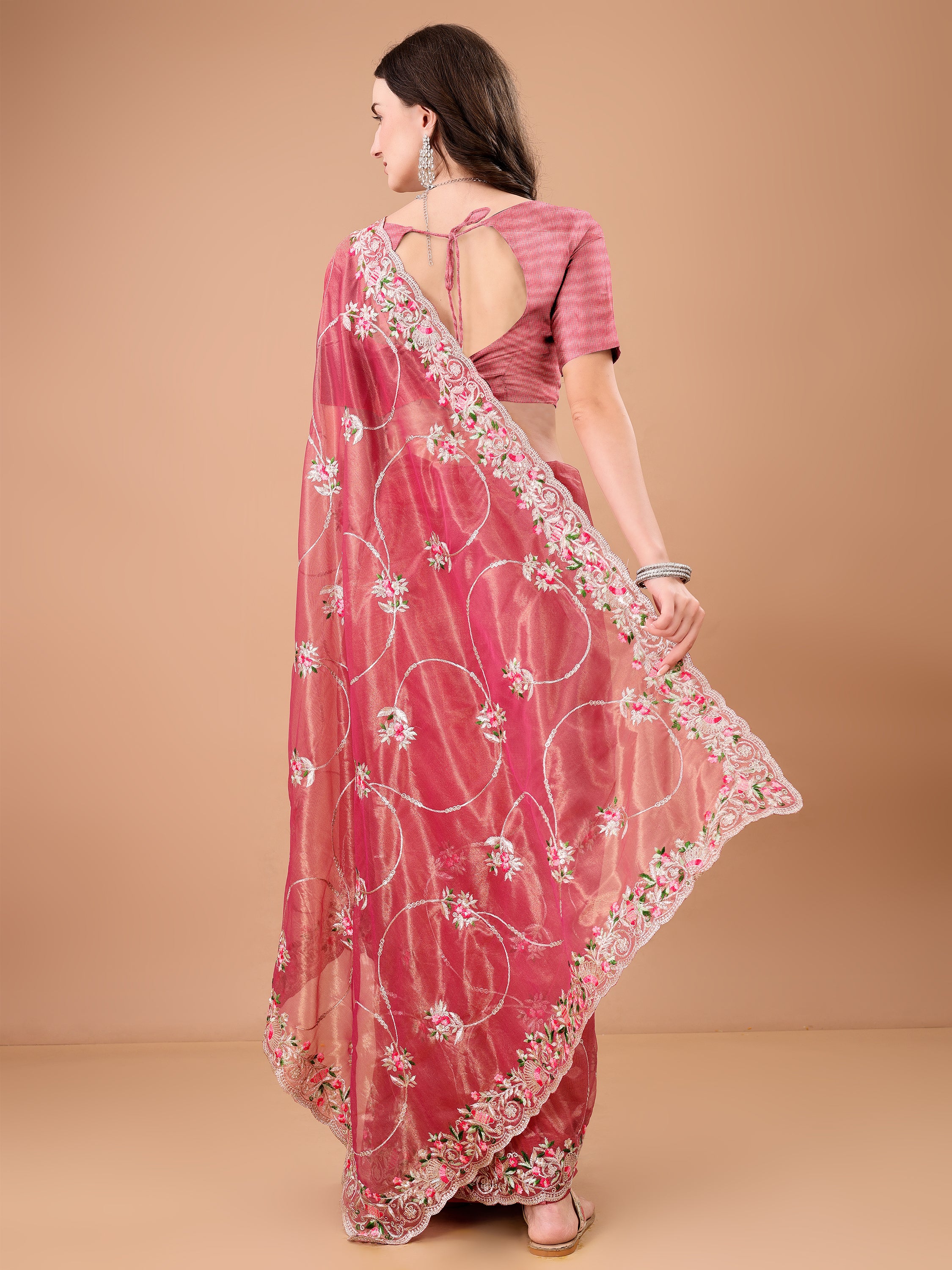 Floral Embroidered Twill Net Saree