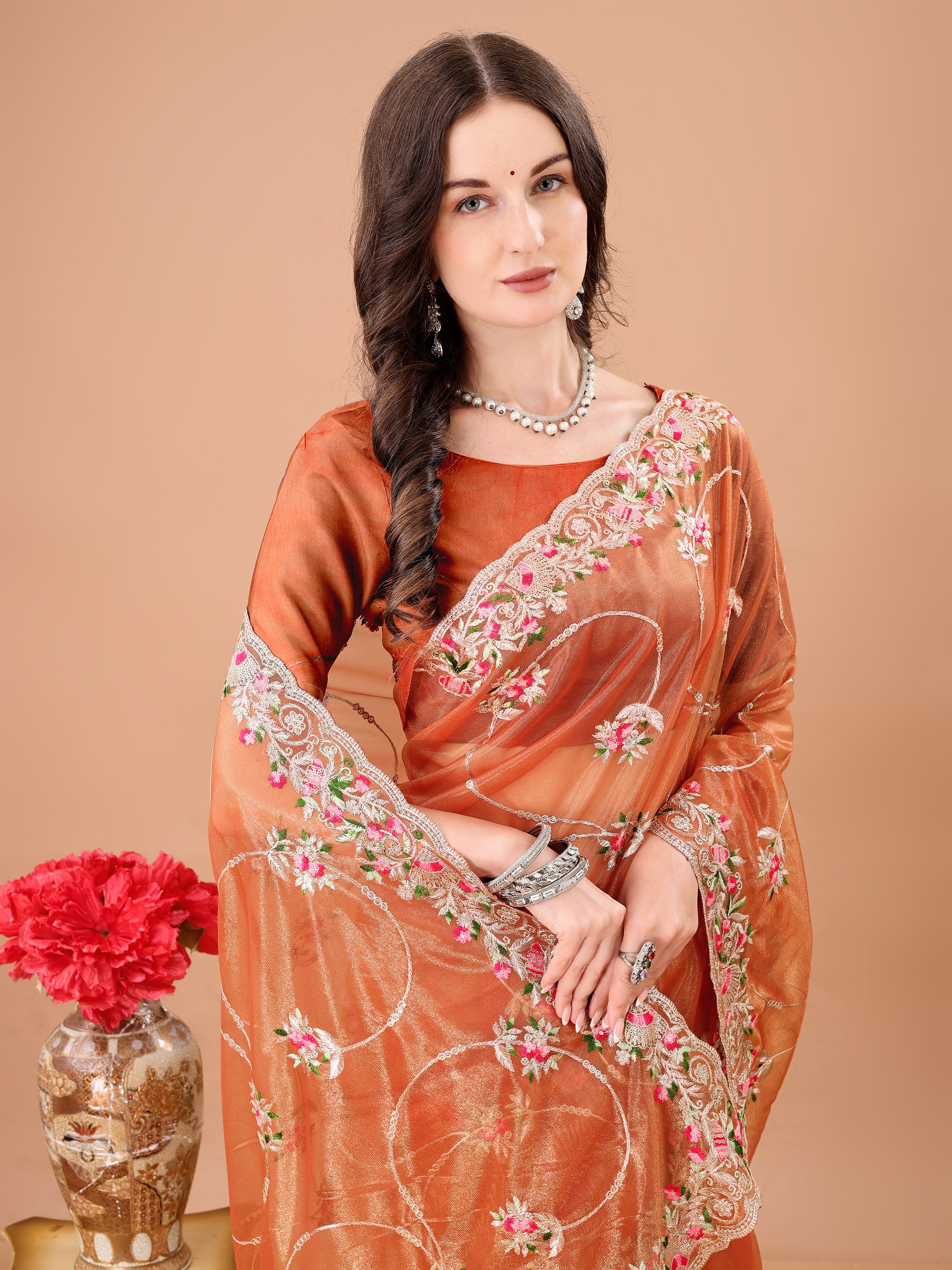 Floral Embroidered Twill Net Saree
