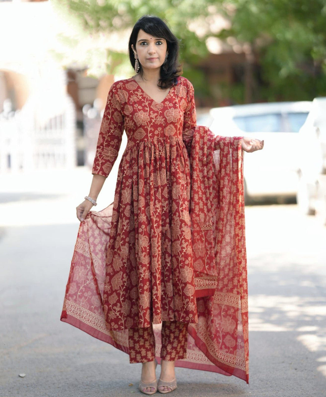 Red Printed Kurta with Trousers with Dupatta