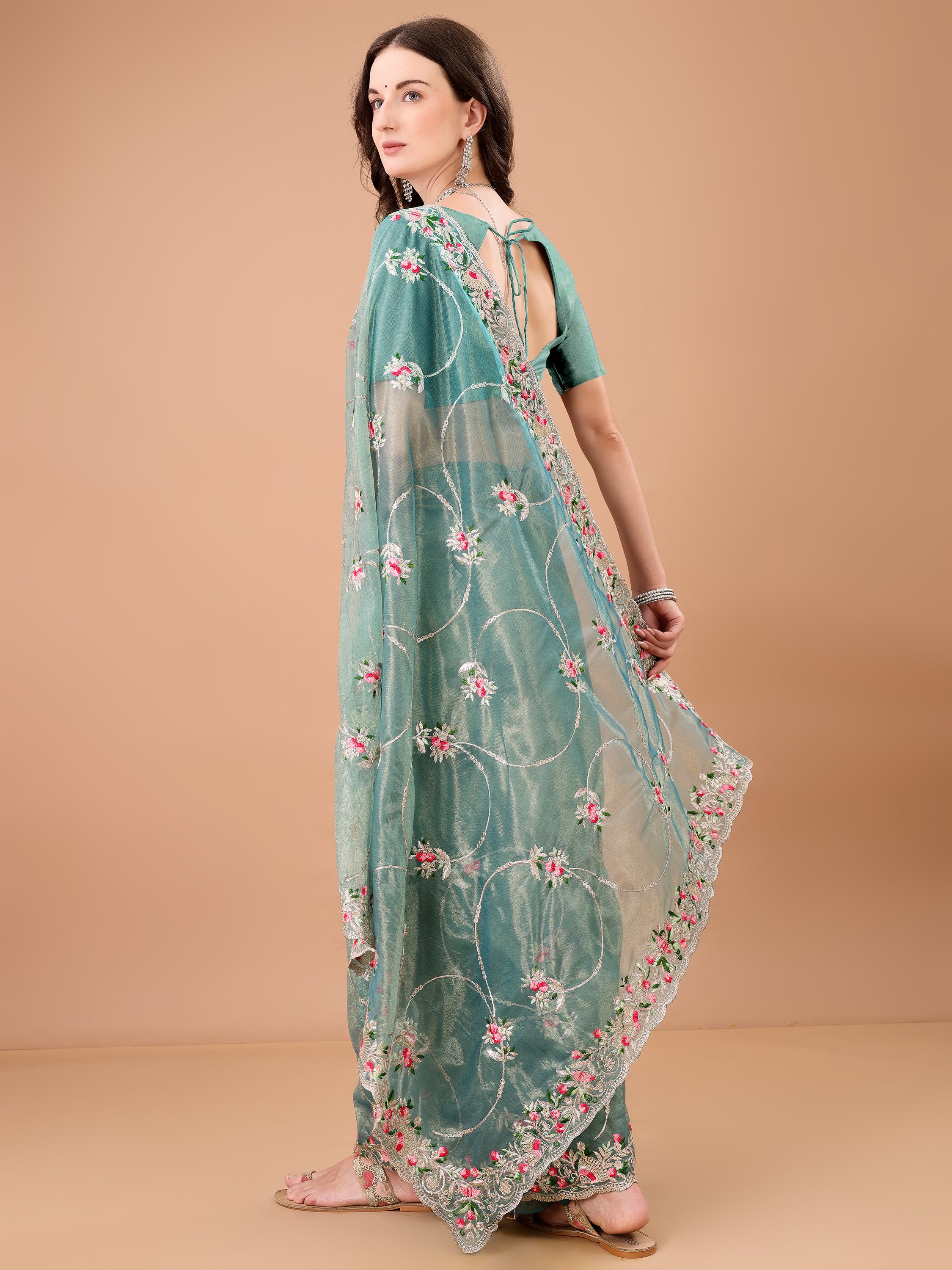 Floral Embroidered Twill Net Saree