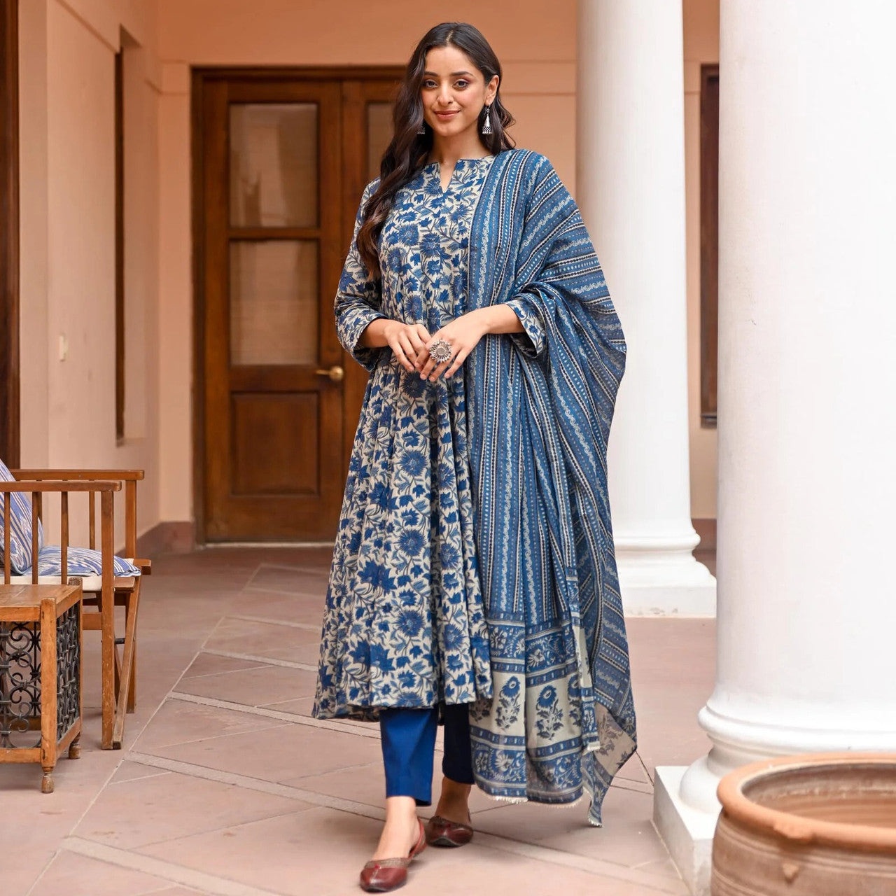 Blue Printed Kurta with Trousers and Dupatta