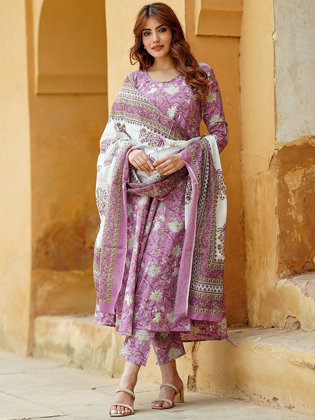 Lavender Printed Kurta with Trousers with Dupatta