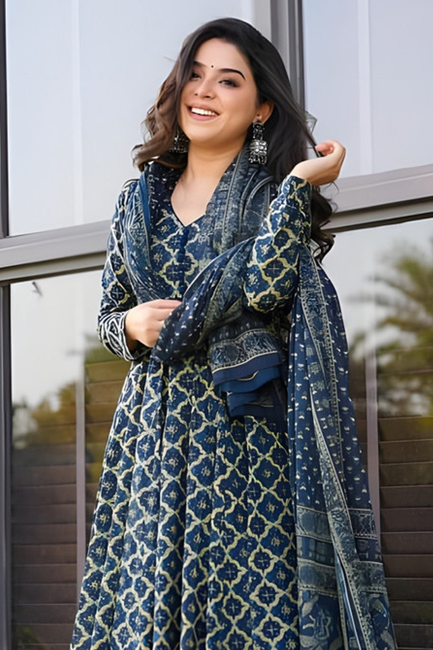 Navy Blue Printed Kurta with Palazzos with Dupatta