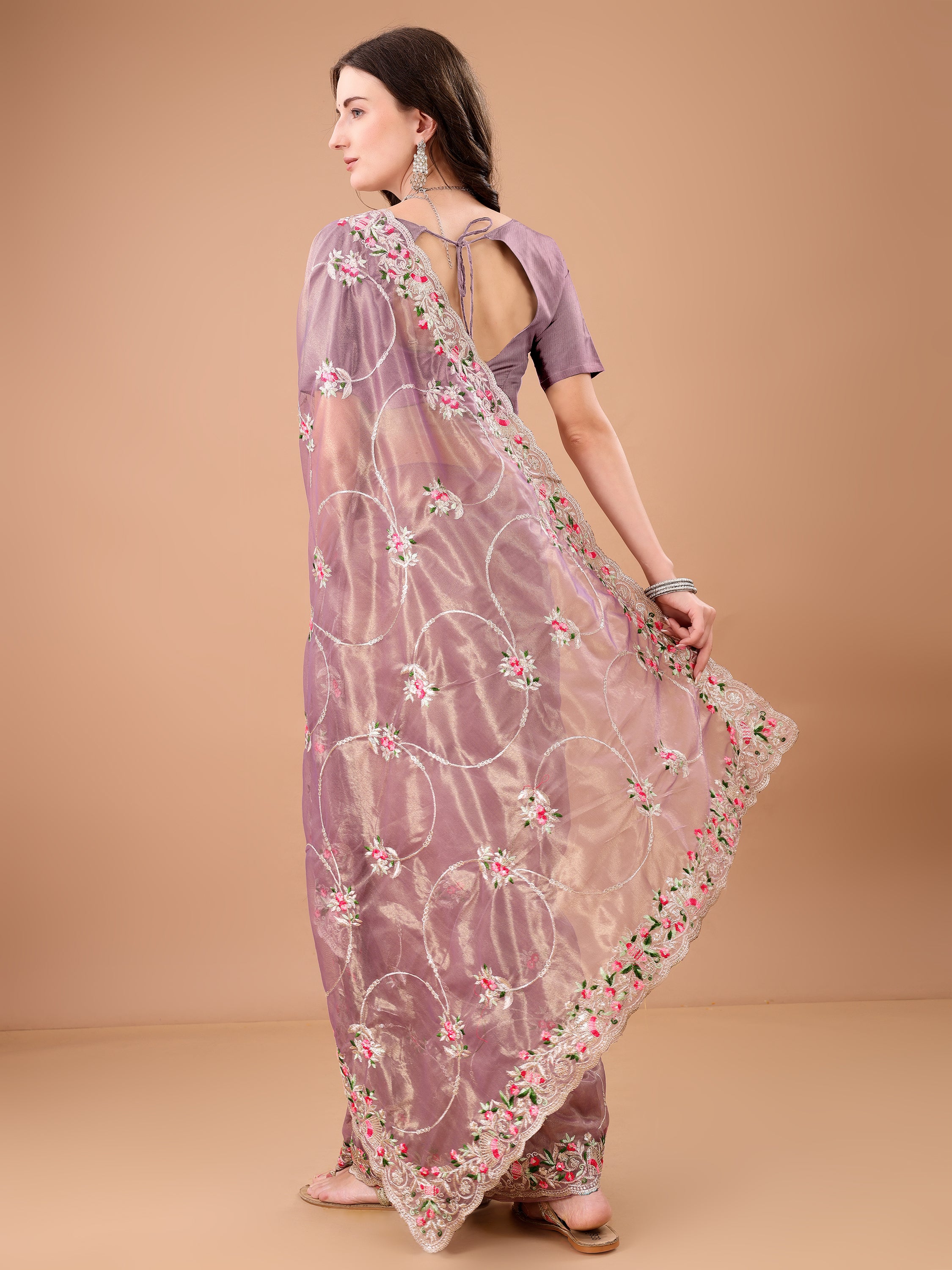 Floral Embroidered Twill Net Saree