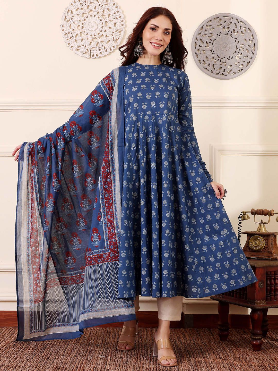 Blue Printed Kurta with Trousers with Dupatta