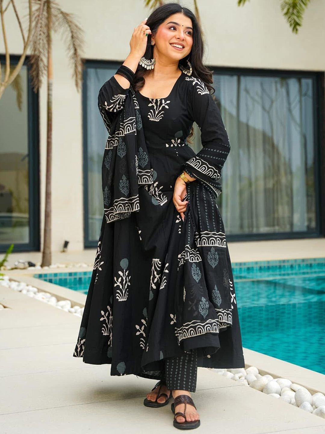 Black Printed Kurta with Trousers with Dupatta