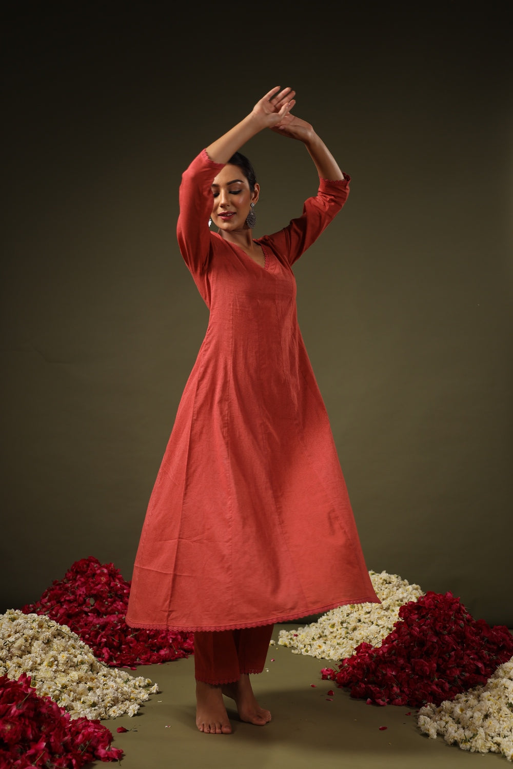 Red Self Design Kurta with Trousers with Dupatta
