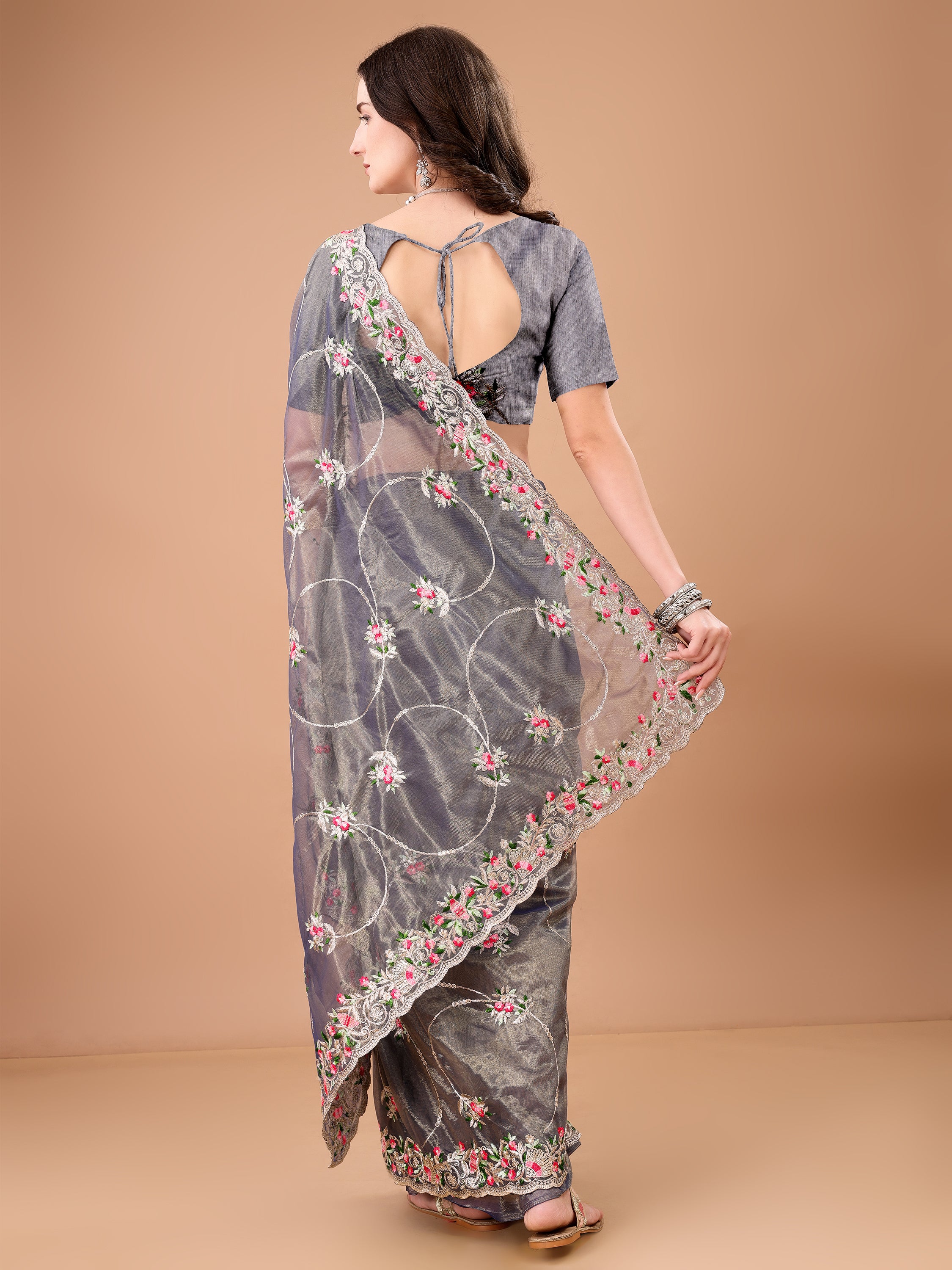 Floral Embroidered Twill Net Saree