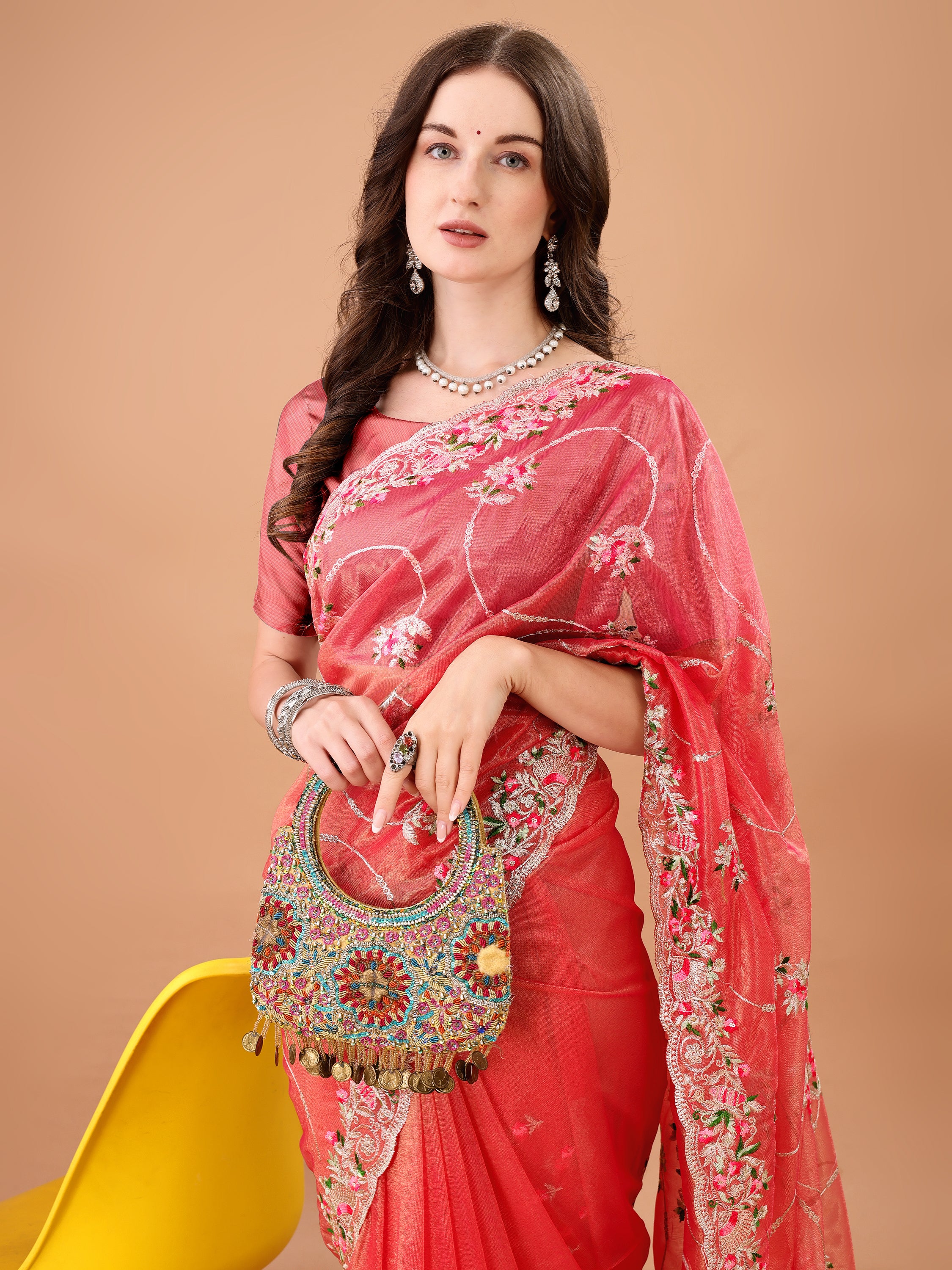 Floral Embroidered Twill Net Saree
