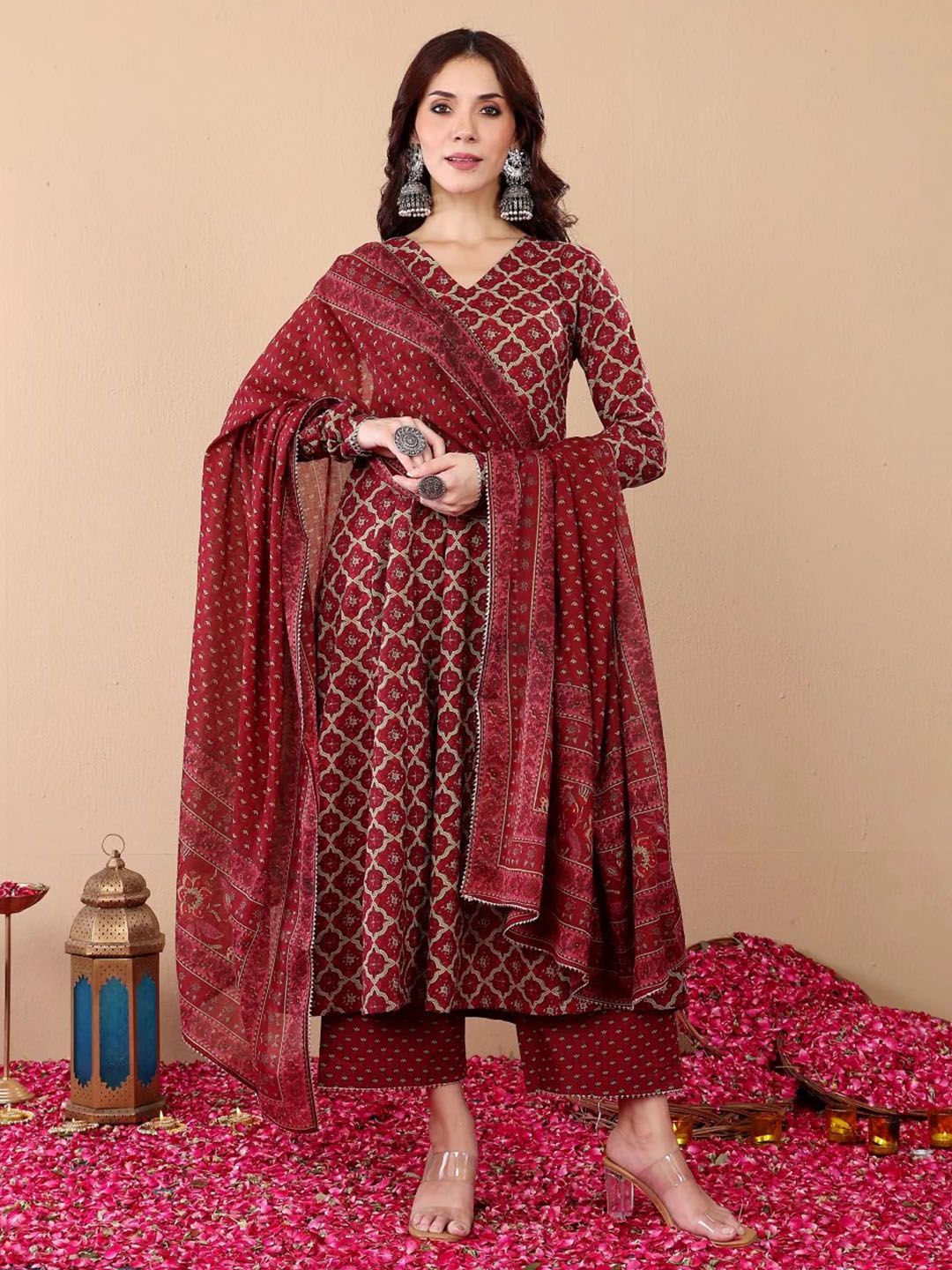 Maroon Printed Kurta with Trousers with Dupatta