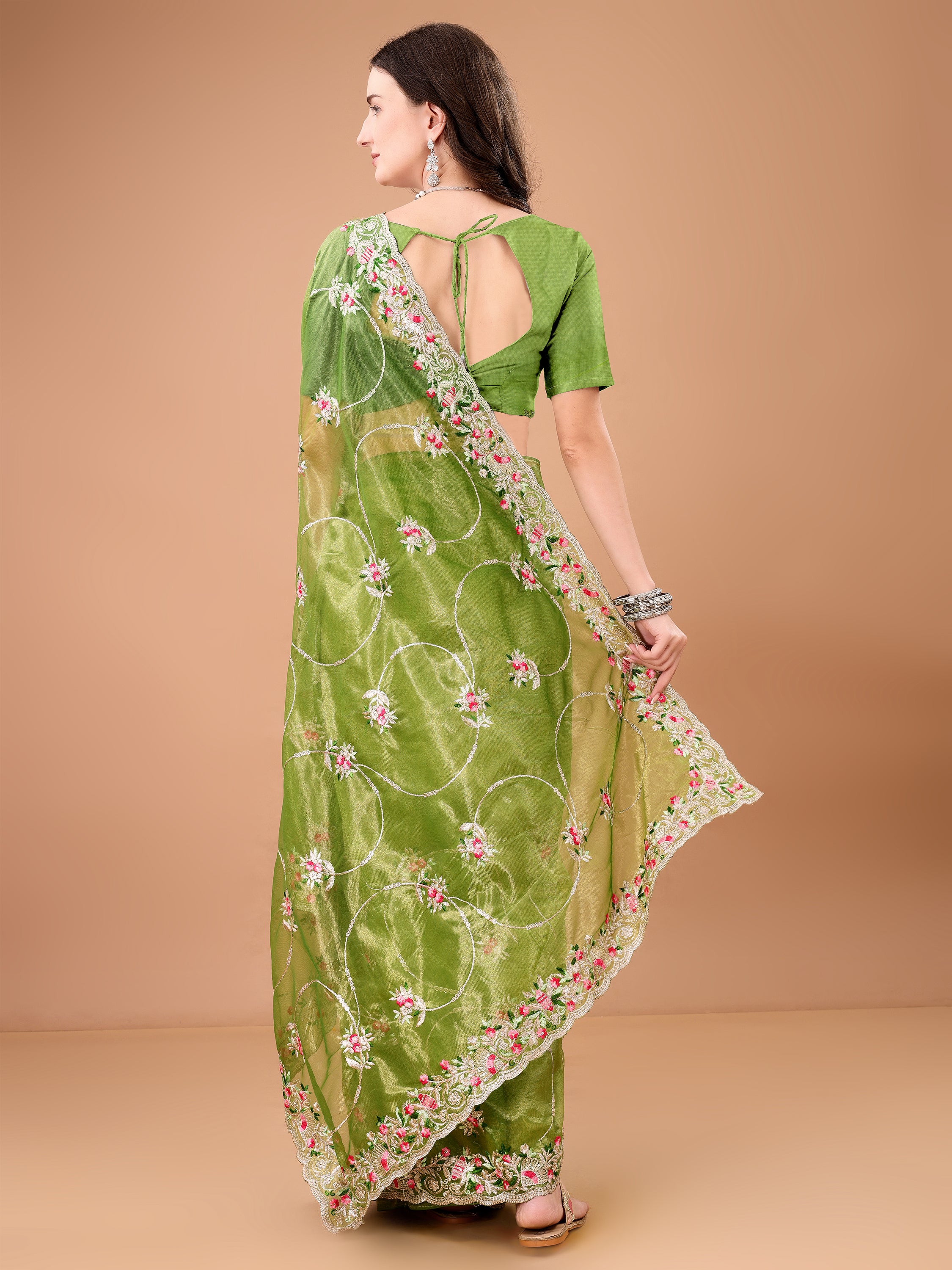 Floral Embroidered Twill Net Saree