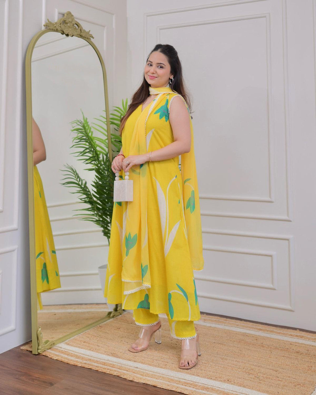 Yellow Printed Kurta with Trousers and Dupatta