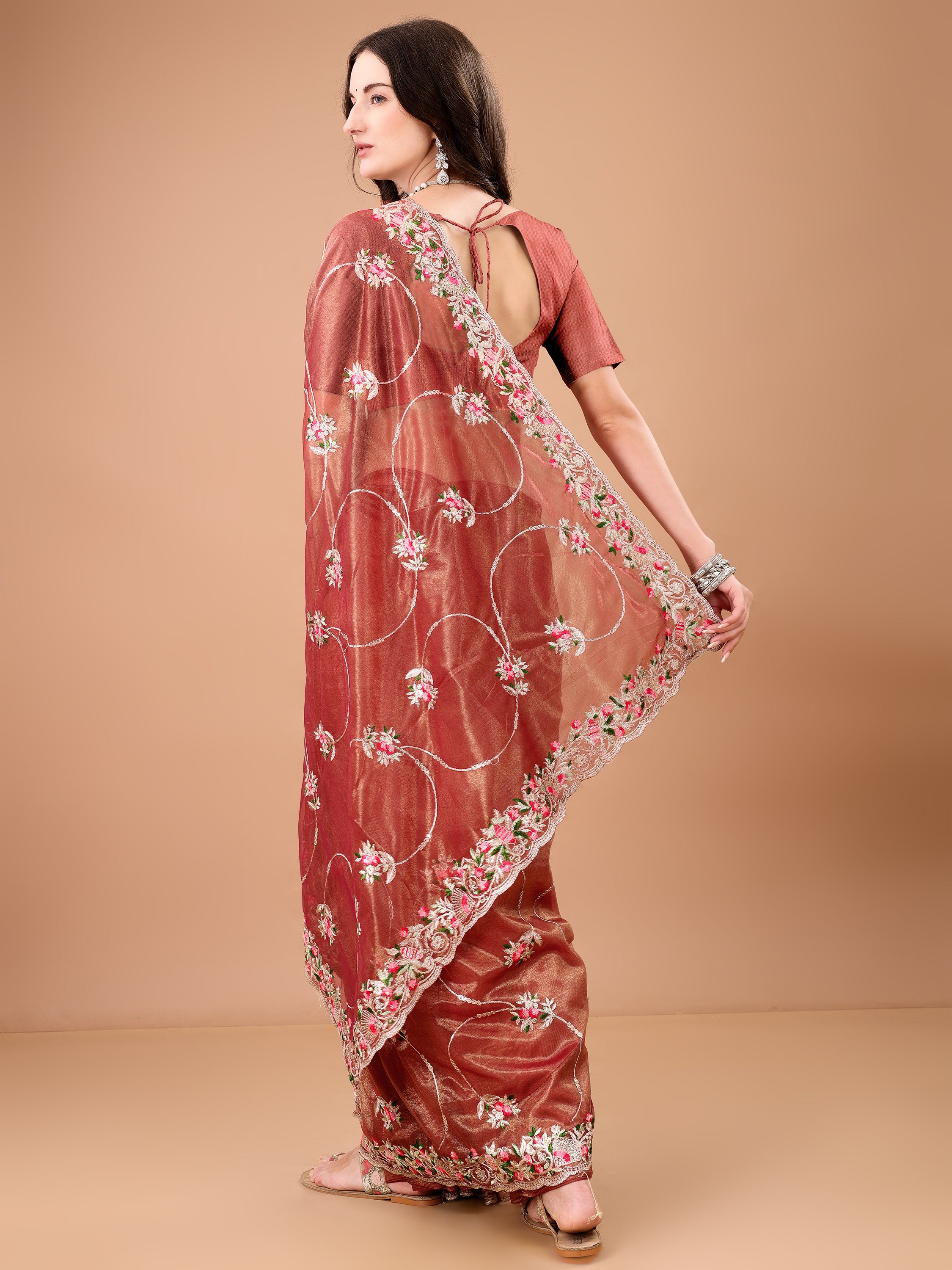 Floral Embroidered Twill Net Saree