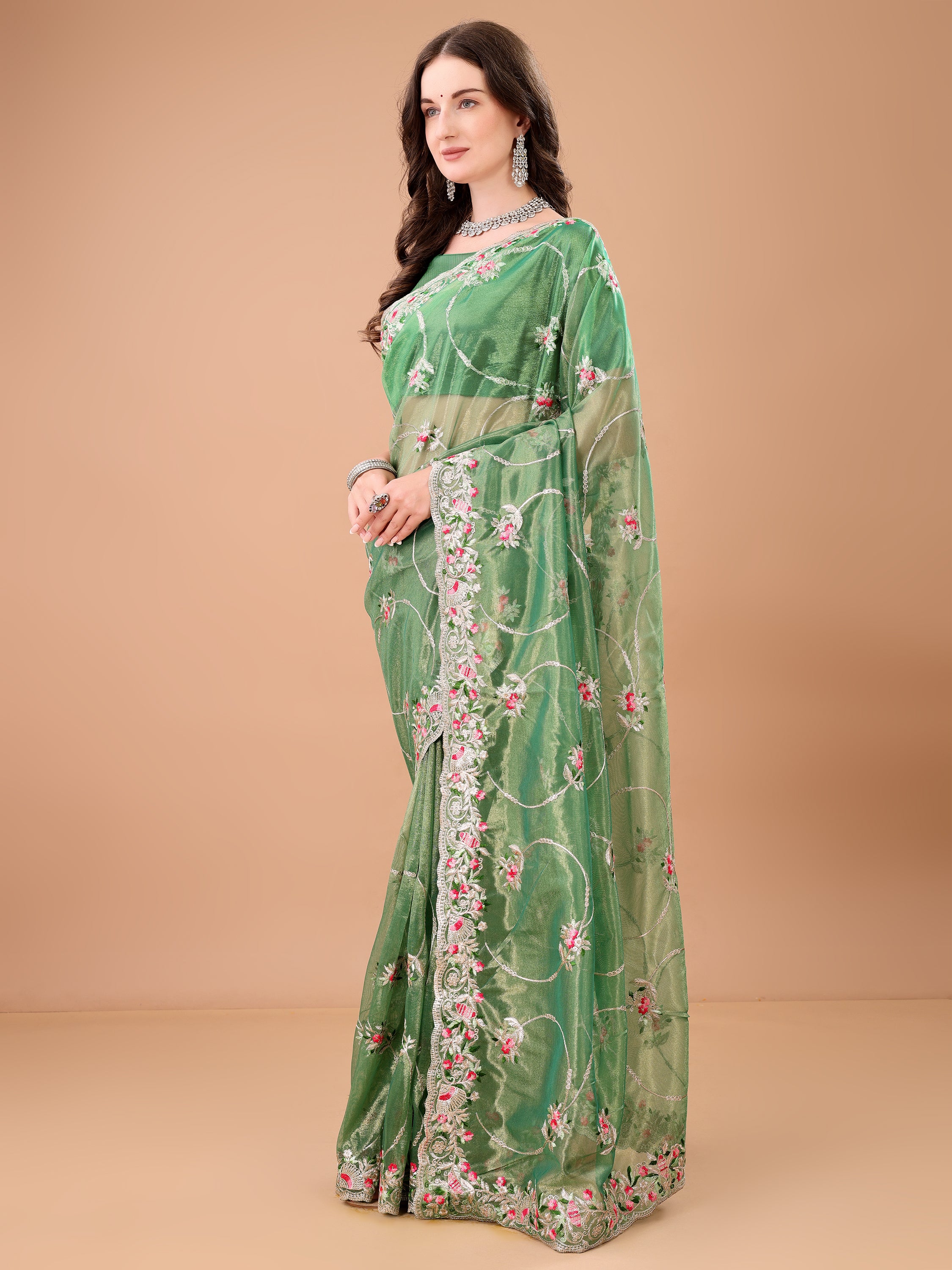 Floral Embroidered Twill Net Saree