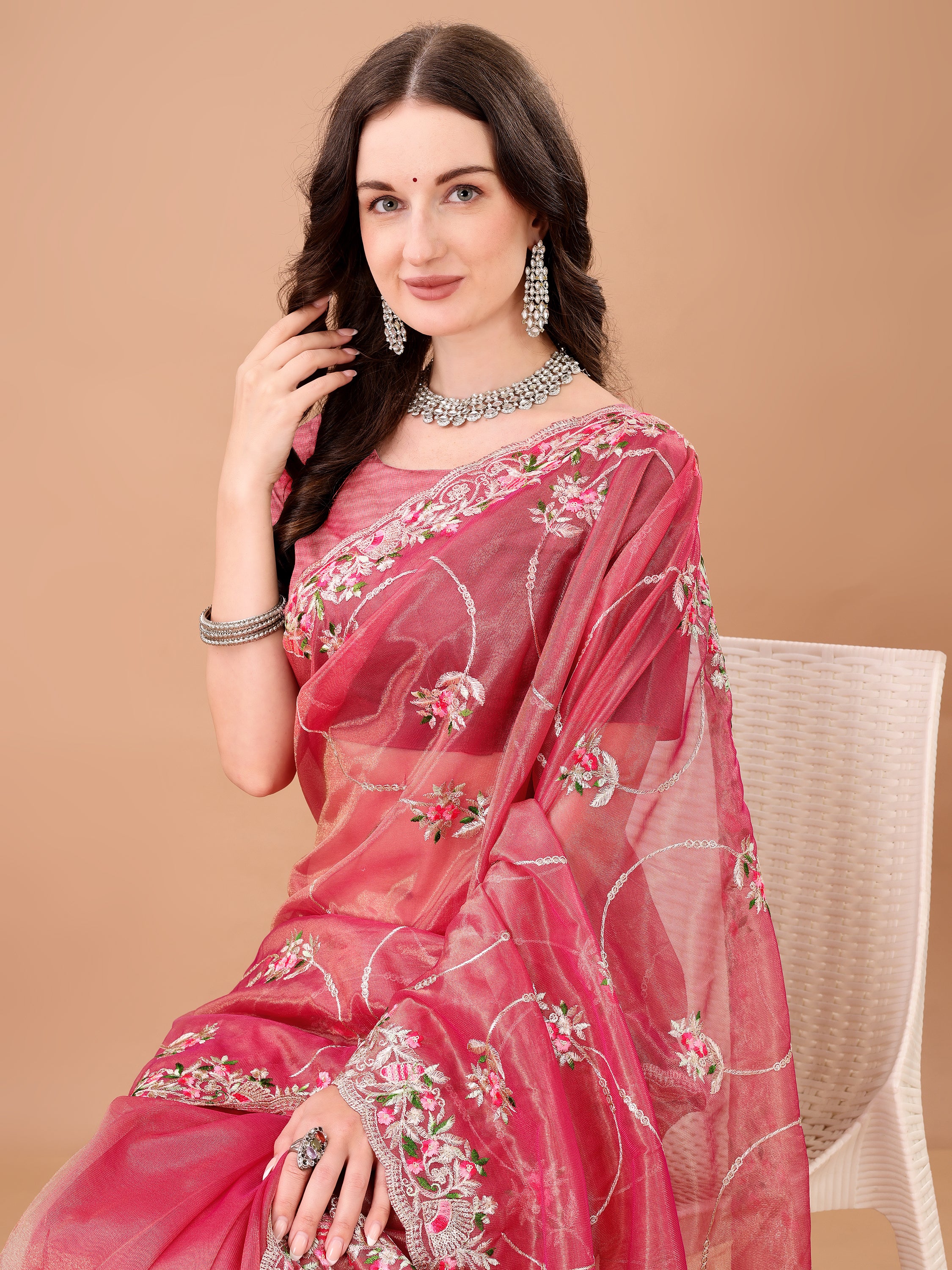 Floral Embroidered Twill Net Saree