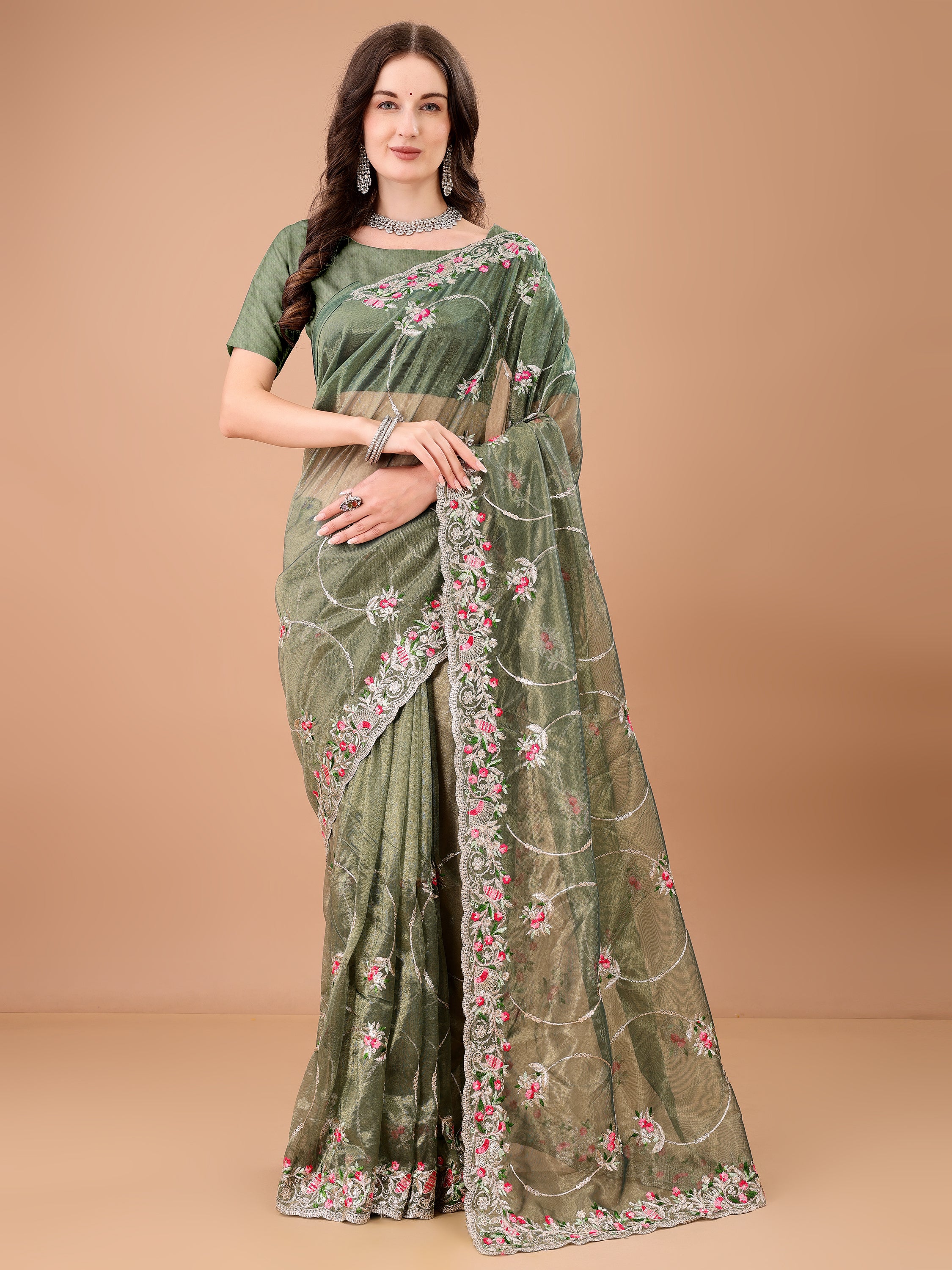 Floral Embroidered Twill Net Saree
