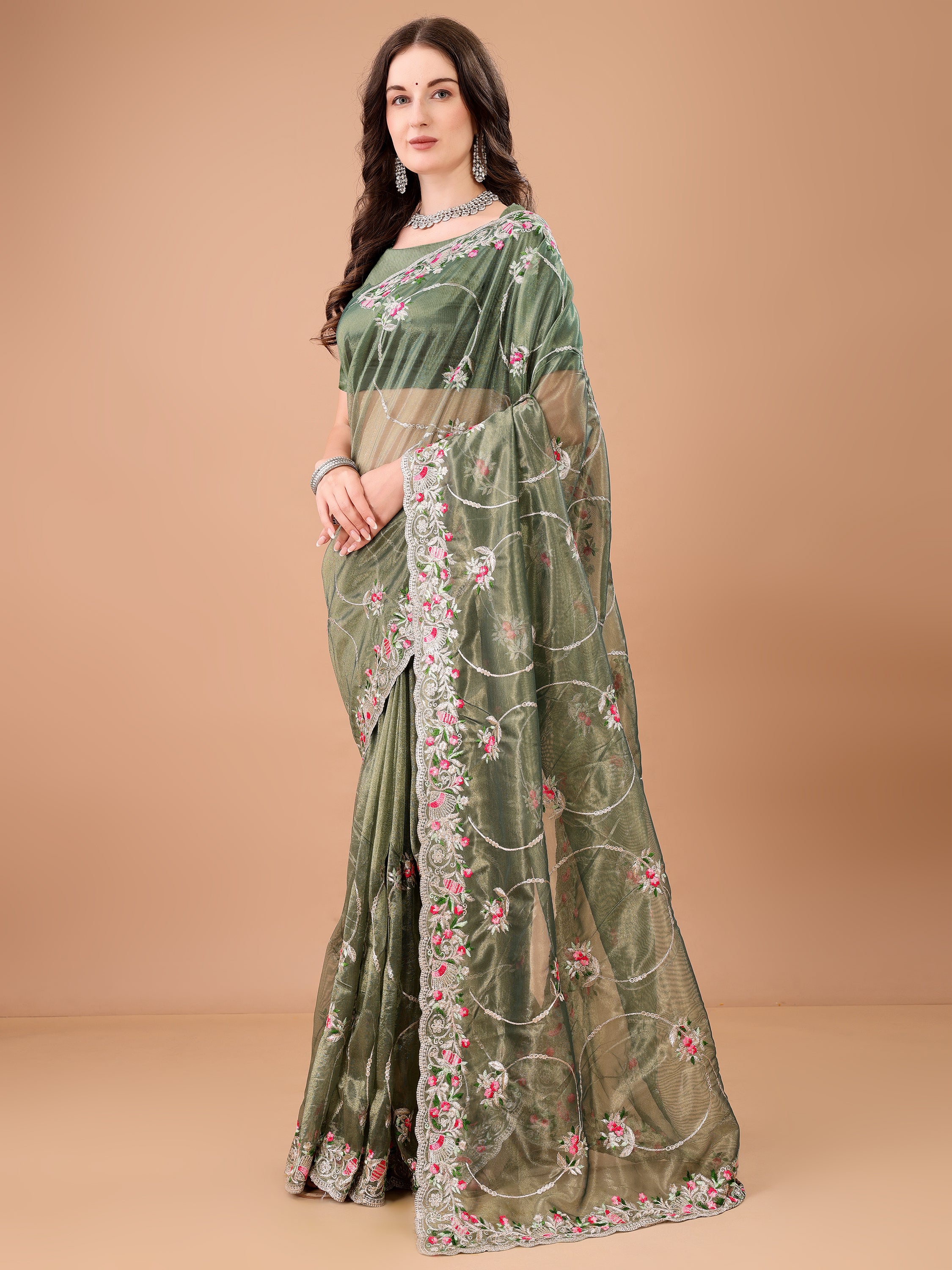 Floral Embroidered Twill Net Saree